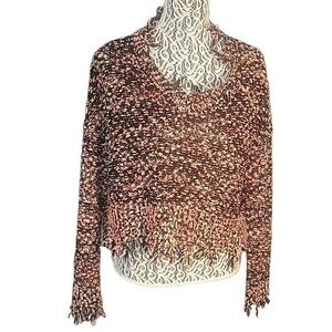 Cropped‎ Knit Sweater Fringed Hem Long Sleeve Pullover Brown Pink Boho